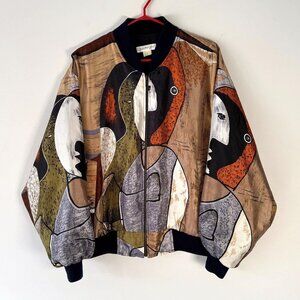 90s vintage Picasso abstract print unisex mens silky satin zip up bomber jacket
